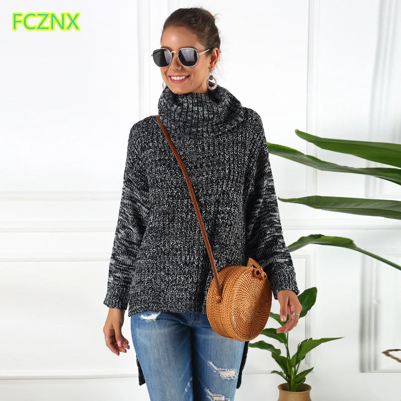  2019 women clothing long sleeve turtleneck asymmetrical sweater knitted Tops Female fashion casual 