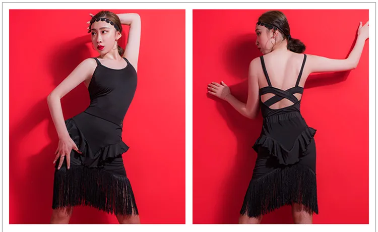 Latin Dance Dress Women Black Sling Sexy Backless Irregular Split Dresses Adult Salsa Samba Cha Cha Competition Wear