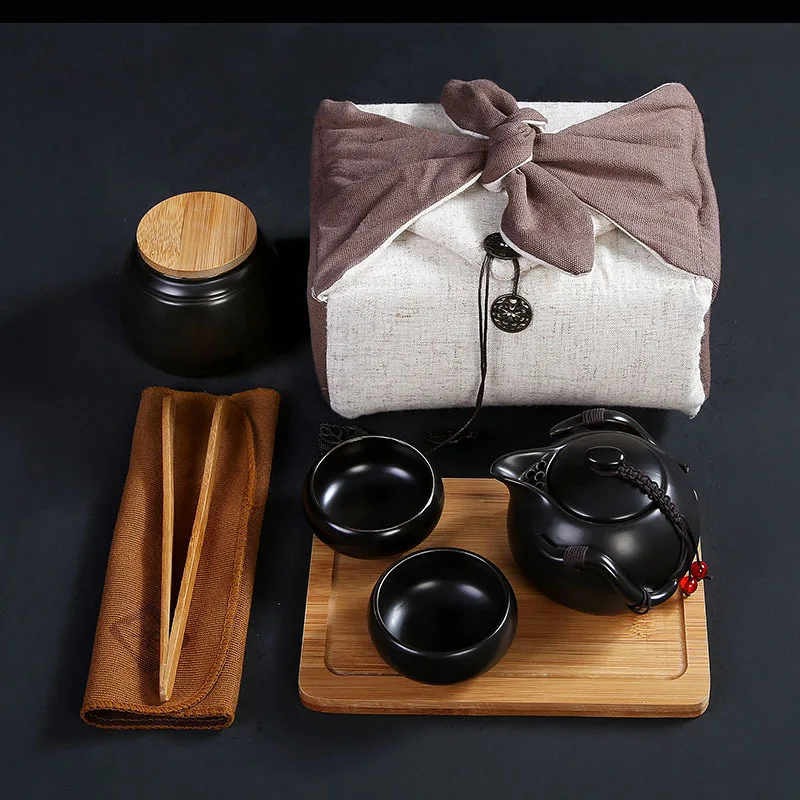 CAKEHOUD ручной работы китайский портативный кунг-фу путешествия керамический чайный набор чайник и чашка чая и бамбуковый лоток и коврик для чайного столика Бизнес подарки - Цвет: 09