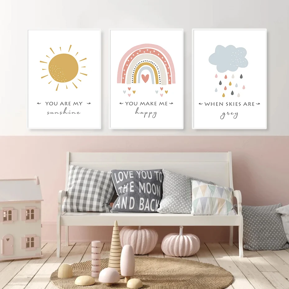 Cartoon Sun Cloud Rainbow Nursery Decor Canvas Painting Wall Art Pictures Posters Prints for Kids Baby Room Home Decoration | Дом и сад