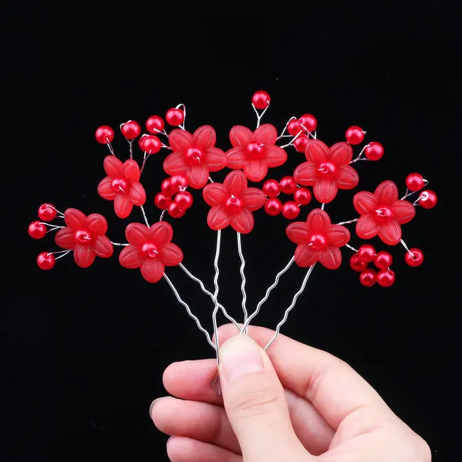 shougong wuye red 10 шт./компл. роскошные женские шпильки ручной работы свадебные цветочные украшение для прически невесты пуссеты с орнаментом аксессуары для волос заколки для волос - Окраска металла: shougong wuye red