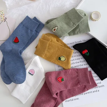 

Autumn And Winter Women'S Socks 2020 New Style Tube Fruit Embroidered Cotton Embroidery Cartoon Mid-Length