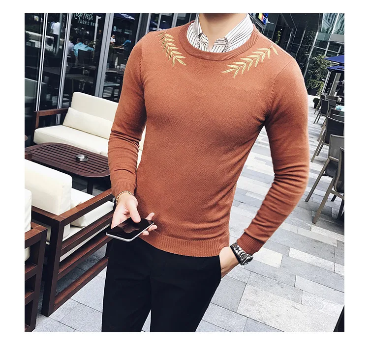 Embroidery Male Sweaters For Men Camisolas Homens Black White Grey Brown Stylish Slim Fit Elegant Sweater Hombre Kazak Erkek