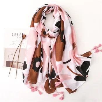 

Fashion Autumn and winter Women's Cotton and linen beach Shawl lady Print Tassels blanket scarf Seaside Pink flowers silk Scarf