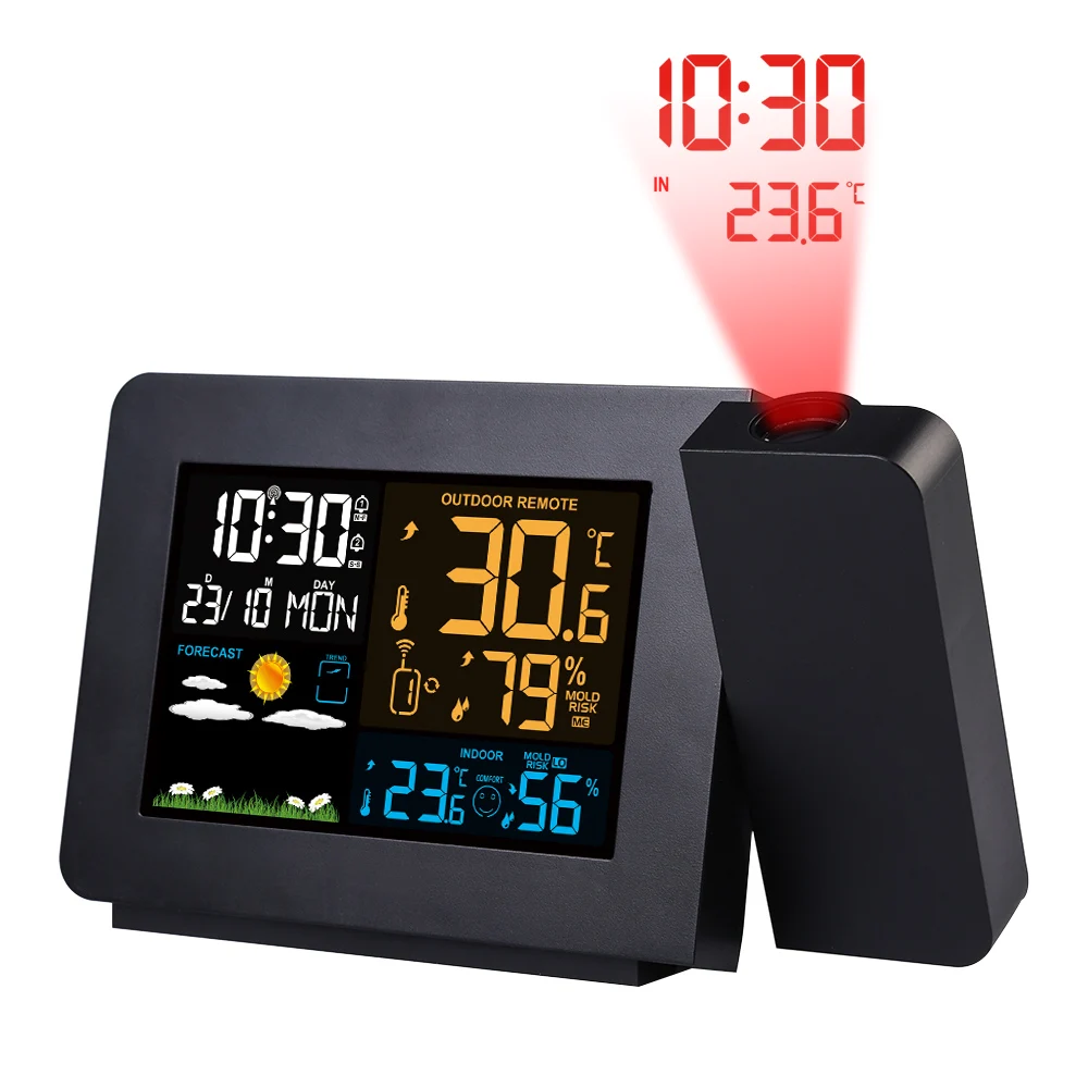 

FanJu FJ3391 Weather Station Digital Table Clock Projector Temperature Time Projection Humidity Double Alarm Wireless Sensor