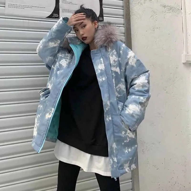 Женский корейский стиль свободный ins Harajuku стиль зима толстый средней длины камуфляж с капюшоном хлопок куртка верхняя одежда