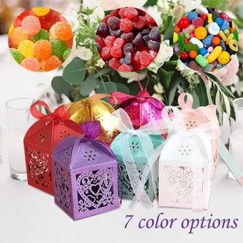

50Pcs/Lot Hollow Out Love Heart Laser Cut Paper Candy Boxes Purple beige white pink Gift Bag Wedding Baby Shower Party Favor