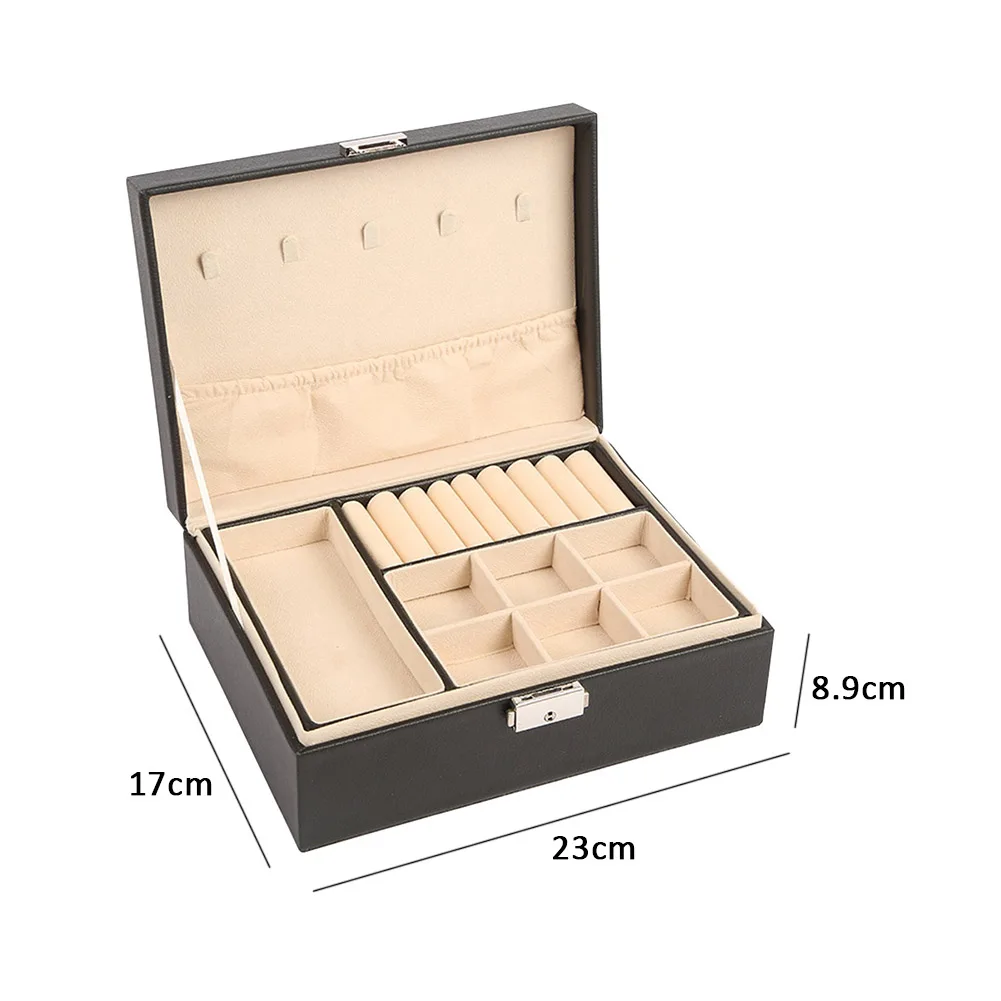 Safety Lock Gifts Storage Organizer Travel Portable Display Tray Large Capacity Home Jewelry Box 2 Layers PU Leather Durable