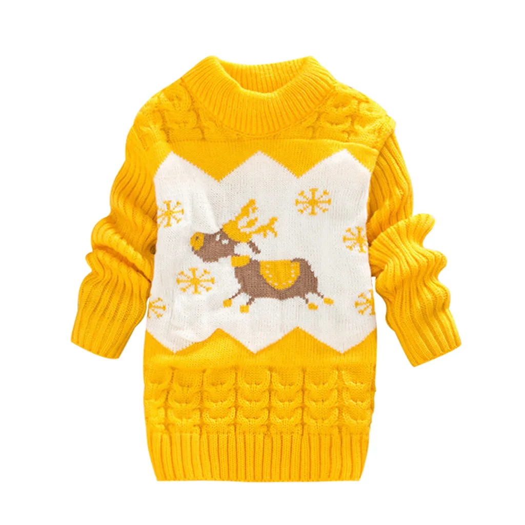 Свитер для малышей; топы для детей; теплый свитер с рождественским оленем для девочек; вязаная футболка с длинными рукавами; теплая однотонная одежда с оборками - Цвет: Yellow A
