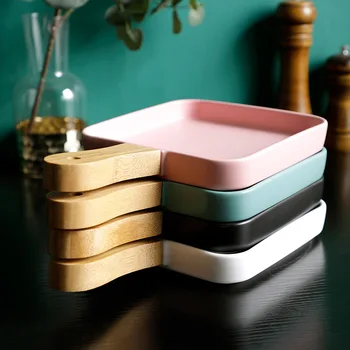 

Ceramic Matte Plate Solid Color Western Style Porcelain Plate With Wooden Handle Nordic Home Steak Dish Snack Plate Tableware