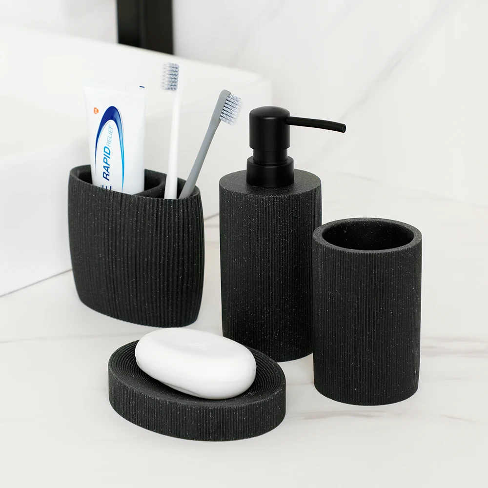 Black Bathroom Accessories Soap Dispenser Toothbrush Holder Tumbler Soap Dish Mouthwash Cup Toilet Brush Holder