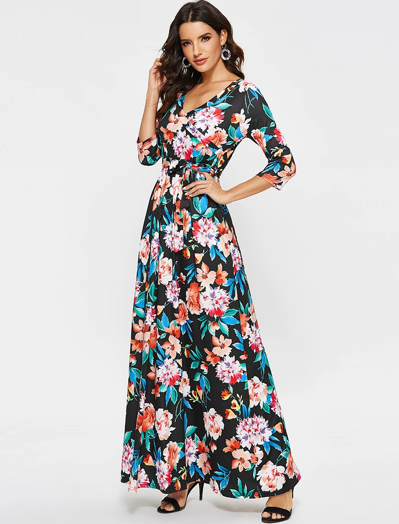 Женское длинное платье макси с цветочным принтом, Boho, свободное, Осеннее, с v-образным вырезом, с рукавом, с принтом, платье для девушек, Бандажное, длинное, Vestidos, платье-туника