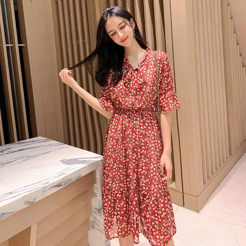 Yfashion прелестные модные туфли Для женщин платья с подкладкой с принтом на лето v-образный вырез шнуровка короткий рукав платье Для женщин Длинные шифон платье элегантный платья