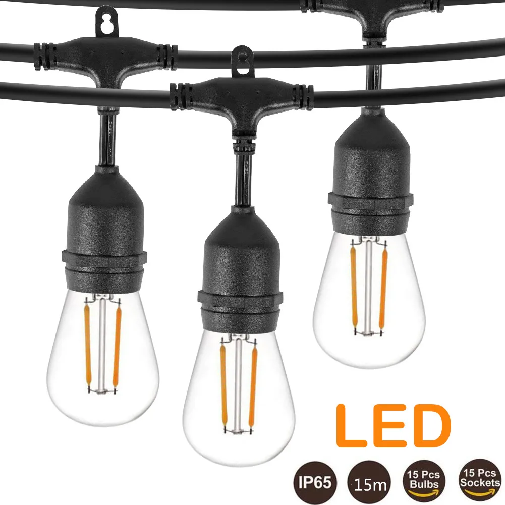 

15M 15Bulbs LED S14 String Lights E27 LED Retro Edison Filament Bulb Outdoor Garden Patio Holiday Wedding Light String IP65