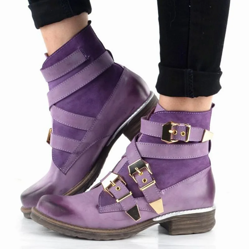 

ADISPUTENT Fashion Women Boots Purple Short Ankle Boots Genuine Leather Blue Winter Strapped Buckle Short Boot Women Shoes 2019