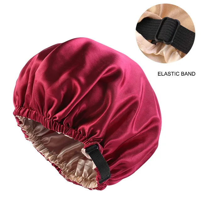 Wholesale Silky Satin Bonnet Hair Cap Double Layer Sleep Night Cap with Invisible Flat Adjusting Button Head Cover Bonnet Hat Red