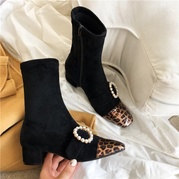 

Leopard Boots Women Square Toe Short Booties Pearl Belt Buckle Embellished Side Zipper Botas Lady Chic Med Heel Star Runway Shoe