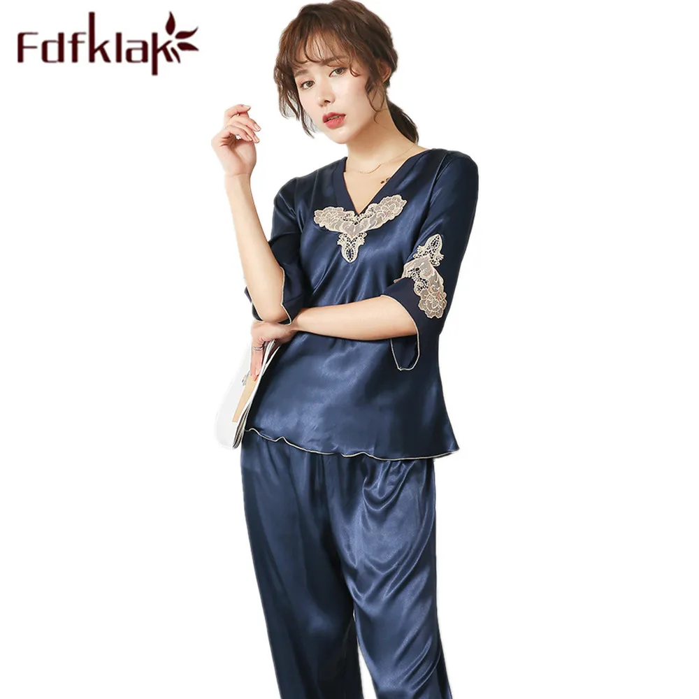 

Fdfklak Silk Pajamas V-Neck Pyjamas Woman Night Sleepwear Set Pijama Sexy 2 Piece Home Clothes 2020 New Summer Top+Pant