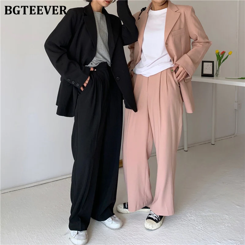 

BGTEEVER Chic Loose 2 Pieces Set Single-breasted Notched Jacket & Straight Pant Female Blazer Suit 2020 Spring Women Pant Suit