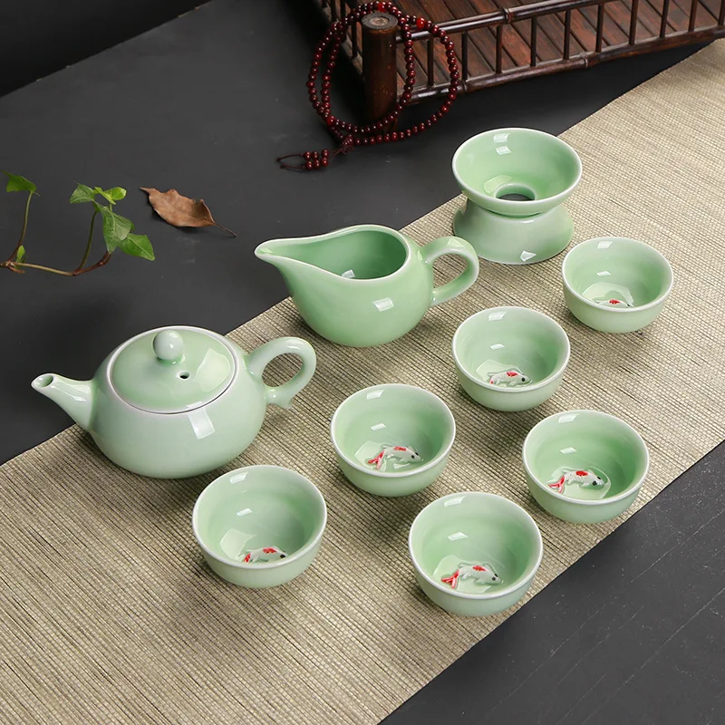 

Creative Tea Cup Porcelain Celadon Fish Teacup Set Teapot Drinkware Ceramic China Kung Fu Tea Set Ceramic Cup Gongfu Tea Set