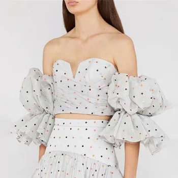 

Wave Point Women's Tube Top 2020 Season Elastic Force Pleated Bubble Sleeve Short Money Shirt Top