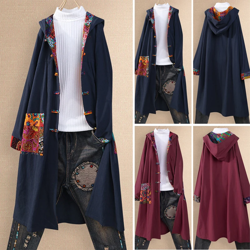 Для женщин ретро пальто с капюшоном осень-зима печатных ветровка, длинное пальто с длинными рукавами, с принтом, Женское пальто