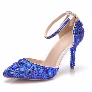 

5 Color Women Crystal High Heels Sandals Womens Thin Heeled Tip Rome Sandals Blue Rhinestone Wedding Shoes Bride Show Shoes 42