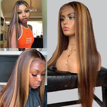 

360 Lace Frontal Wig Honey Blonde Highlight 180% Straight Brazilian Remy Ombre Colored Human Hair Wigs For Women Pre Plucked