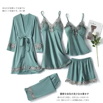 

Spring Autumn Satin 5PCS Pajamas Set Sexy V-neck Lace Sleepwear Bathrobe Women Casual Loose Nightwear Sleep Set Silky Homewear