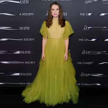 

Charming Celebrity Green Tulle Dresses Tiered Ruffles Tulle Dressing Gown A Line Short Sleeves Plus Size Red Carpet Tulle Dress
