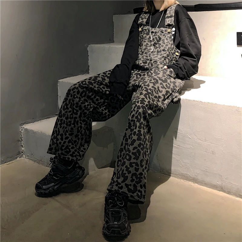Регулируемые пряжки подтяжки ремень карман прямые Свободные Комбинезоны леопардовые брюки уличная одежда Корейский комбинезон брюки Харадзюку
