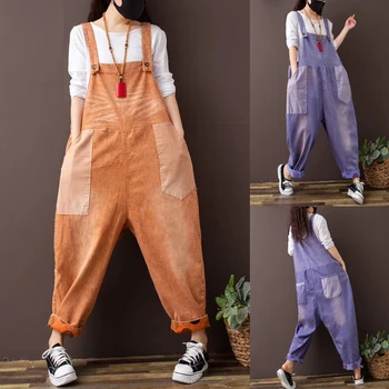 

Female cowboy bib Cargo Jumpsuits Streetwear Overalls Patchwork pocket Suspender harem pants Baggy Printed Denim Wide Leg Romper