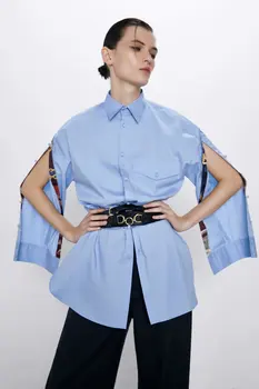 

2020 Spring Summer New Grand Prix Pocket Loose zaraing women Shirt sheining vadiming female Blue Shirt BGB9871