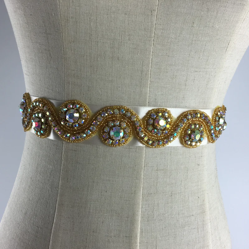 Vintage Style Gold Beads Rhinestone Ribbon Bridal Wedding Dress Belt Bridal Sash