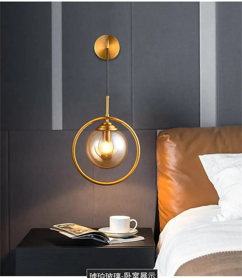 plug in wall lights Amber Smoky Gray Glass Ball Wall Lamp Round Magic Bean Golden Wall Light Kitchen Balcony Aisle Corridor Bedsides Lighting Sconce wall mounted bedside lights