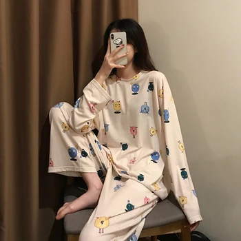 

Armin Arlat Women's Pajamas Cotton Pyjamas Femme Print Cartoon Sleepwear Long Sleeve Pijamas Set Casual Autumn Sleep Set 2PCS