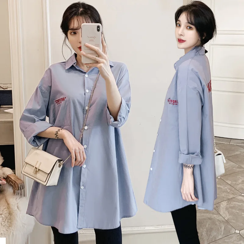 

Pregnant Women Shirt Mid-length Spring And Autumn Shirt Business Dress Cotton Clothes Pregnant Mother Tops Maternity Clothes Spr
