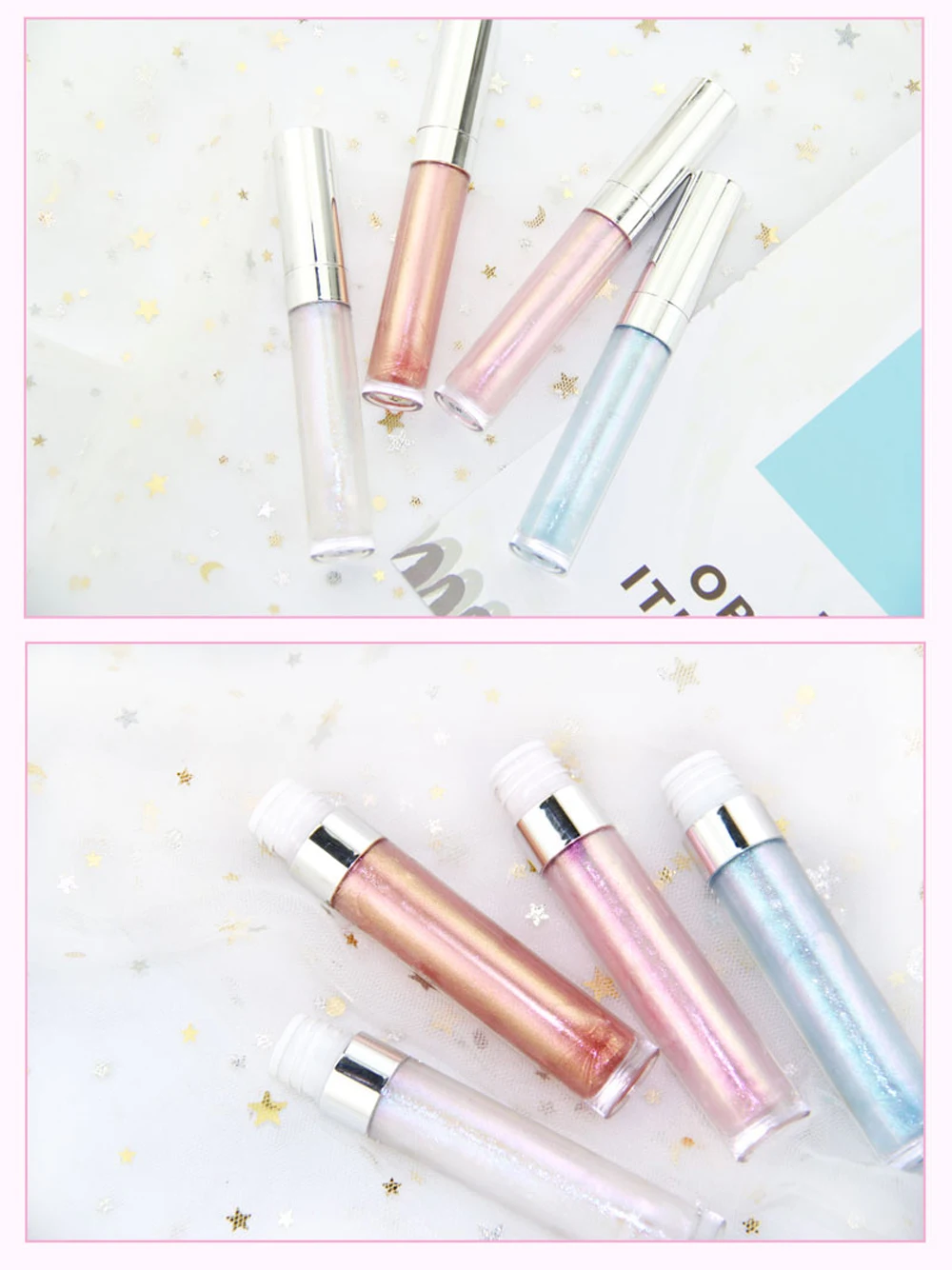 OEM Private Label 4Colors Light Pink Liquid Lipstick Vegan Clear Starry Holographic Lip Gloss Bulk Wholesale Korean Lip Makeup