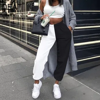 

DEAT 2020 New Spring And Summer Fashion Street Track Pants Black White Panelled Elastic Run Jogger Trousers WM64101