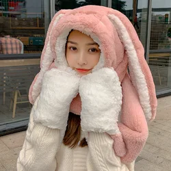 Winter New Long-eared Rabbit Hat Female Scarf Set Winter One-piece Gloves Autumn and Winter Thickened Warm Three-piece Suit