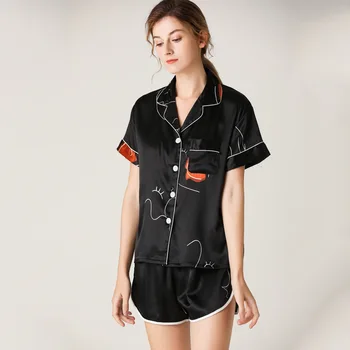 

2020 New Pajamas Female Summer Simulation Silk Thin Short-sleeved Shorts Suit Fashion Printing Sleep Clothes Homemade Shorts