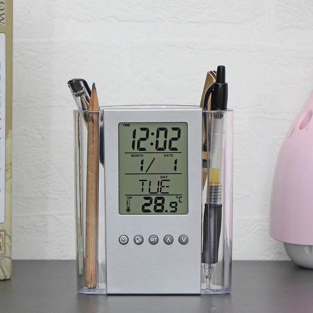 LCD Alarm Clock Thermometer ABS Multi-Functions Digital Desk Pen/Pencil Holder Calendar Display Home Decor |