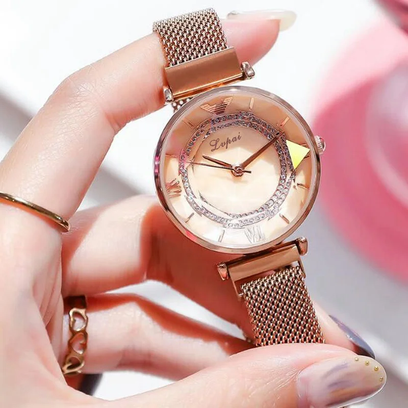 Модные часы со стразами для женщин розовое золото магнитные часы для девочек роскошный браслет огранка камня цветок зеркало Relogio Feminino Стразы