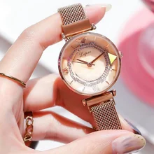 Модные часы со стразами для женщин розовое золото магнитные часы для девочек роскошный браслет огранка камня цветок зеркало Relogio Feminino Стразы