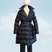 Женская парка, пуховик, зима, приталенный плащ, пальто с поясом, стоячий воротник, 90% качество, белый утиный пух, пальто для женщин, толстый HS765