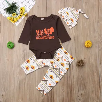 

HIPAC 3PCS Baby Clothing Set Newborn Kid Boys Girs Thanksgiving Turkey Romper Pants Hat Outfits Sets Toddler Jumpsuit Clothes