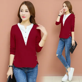 

V Collar Long Sleeve T Shirt Women's Wear Joker Fake Two Piece Backing Shirt Inside Take Autumn Clothes New Top