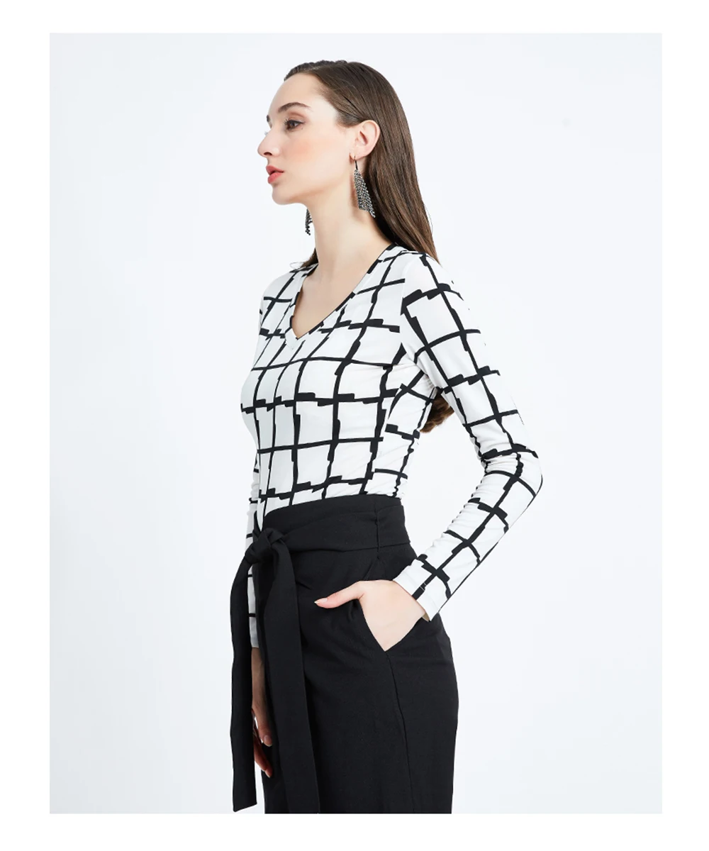 new women's T-shirt long sleeve T-shirt autumn fashion Urban Simple V-neck Plaid top