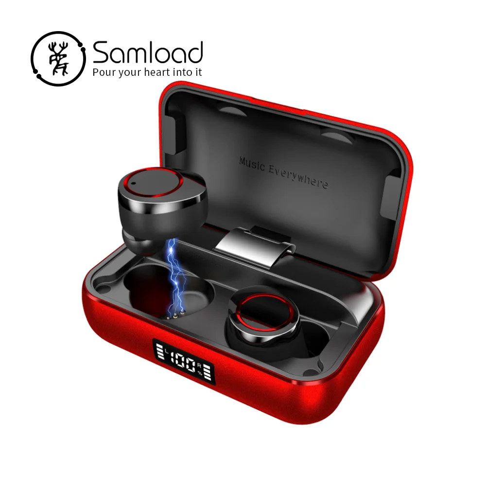 black-red Samload, настоящие беспроводные стерео наушники, Bluetooth 5,0, наушники IPX7, вкладыши в ухо, 2200 мА/ч, зарядное устройство для iPhone - Цвет: black-red