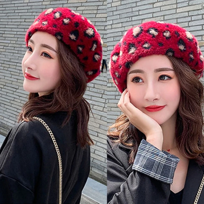 

Women French Style Faux Wool Plush Beret Cap Vintage Leopard Print Winter Warm Fashion Artist Painter Knit Beanie Hat